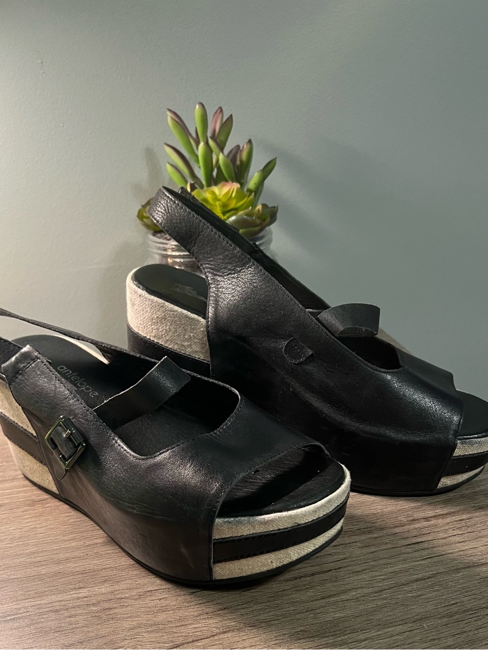 ANTELOPE Black Leather Platform Slingback Sandals - Women's